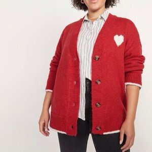 Old Navy Women M TALL Red Heart Graphic Knit V-Neck Slouchy Cardigan Sweater